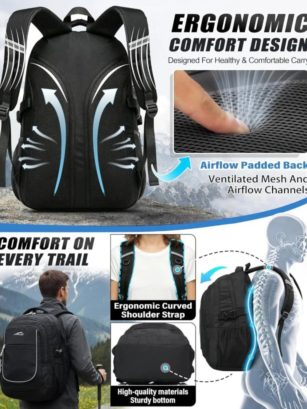 Sturdy Multi-Compartment Backpack for College, Travel & Hiking - Fits 15.6